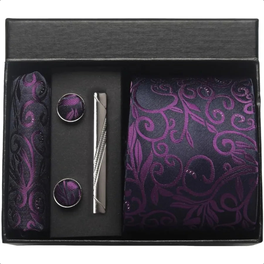 Paisley Floral Mens Tie Formal Necktie Pocket Squares Ties Clips Cufflinks Classic for Men Set