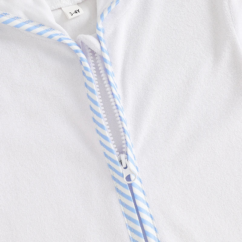 Kids Girl Hooded Beach Coverup Stripe Print Loose Fit Short Sleeve Zipper Bathrobe for Summer