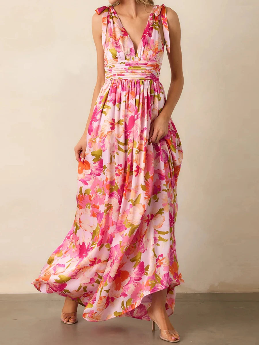 Elegant Maxi Dress with Boho Floral Print Stylish V-Neckline and Chic Tie-Up Shoulder Detail Perfect for Summer Casual Wear
