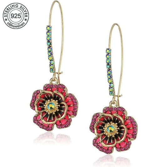 925 Silver, Wild Rose Earrings, Women's Earrings with Synthetic Zirconia, Stylish, Elegant, Luxurious, Cool and Trendy, Gifts fo