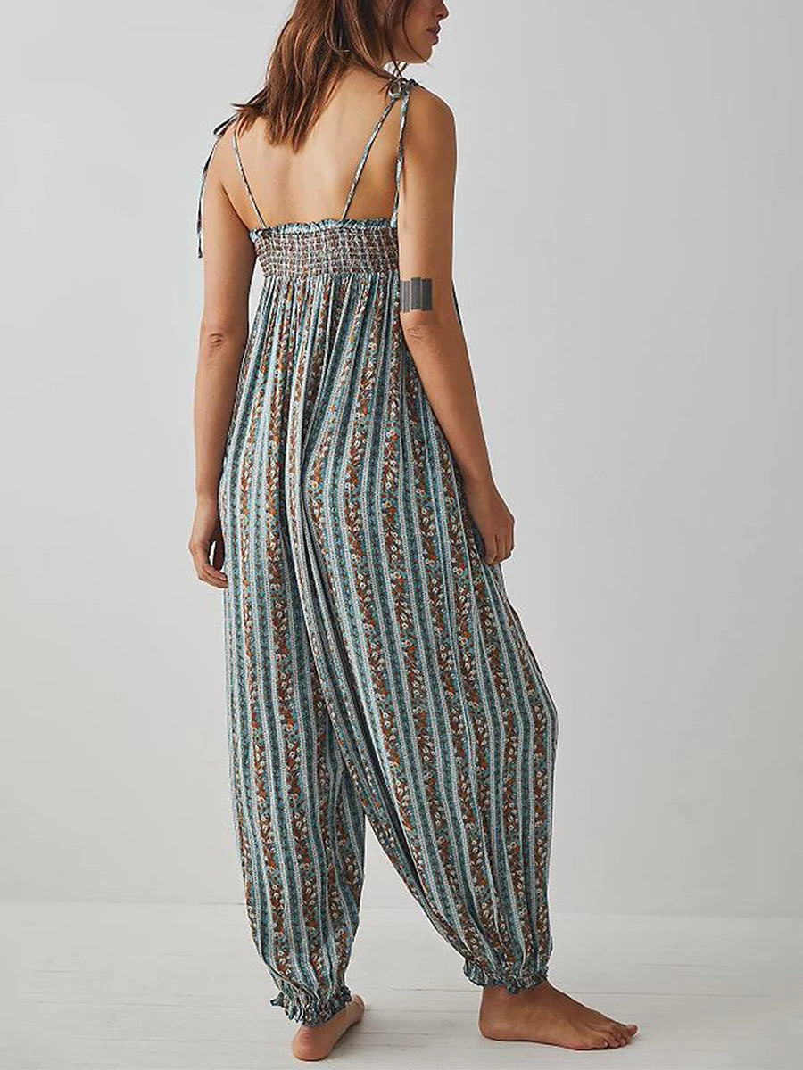 Women Summer Cami Jumpsuits Retro Floral Print Tie-Up Spaghetti Strap Sleeveless Long Rompers Fashion Loose Playsuits