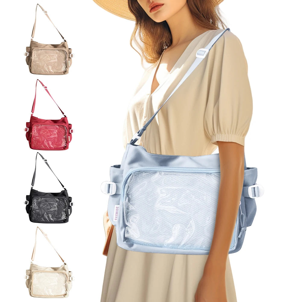 Women Ita Bag Japanese Style Shoulder Purse with Clear Window Teenagers School Bag Multi-pockets Adjustable Strap Chic Hobo Bag