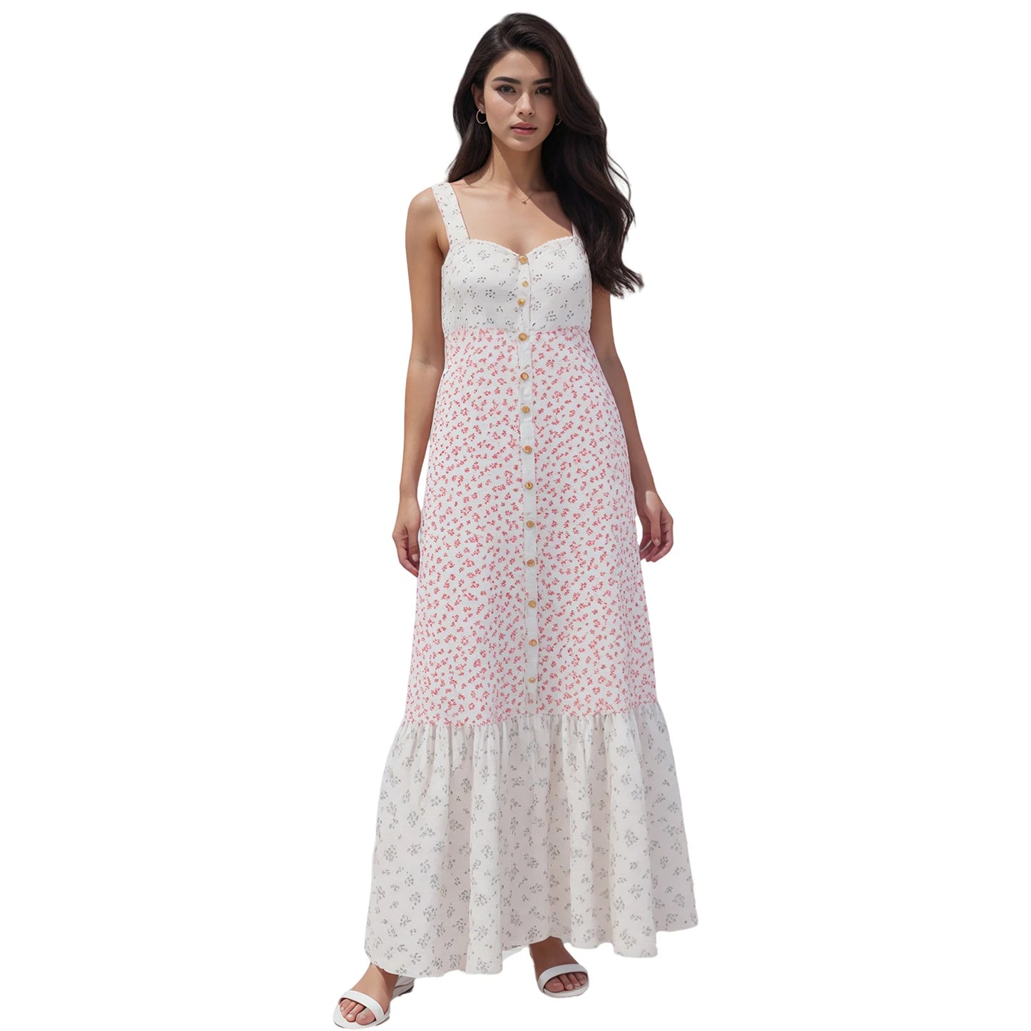 Women V-Neck Maxi Dress Sleeveless Floral Print Summer Dress with Ruffle Hem for Beach Vacation or Evening Party Wear