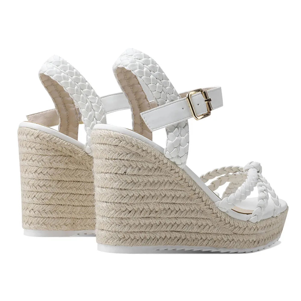 GIGIFOX Straw Woven High Wedges Heel Waterproof Platform Women High-heeled Sandals Round Toe ThicK Buckle Strap Bohemia Shoes