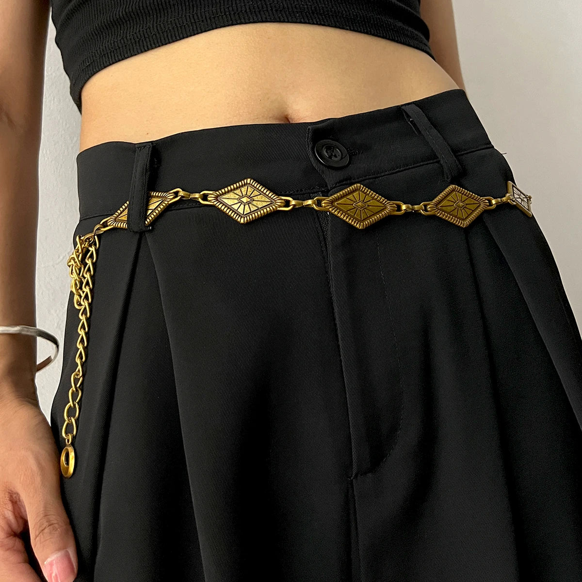 Vintage Gold Chain Belt Female rhombus Metal Lady Waist Punk Goth Belts For Women Silver Thin Waistband Pant Harajuku Accessory