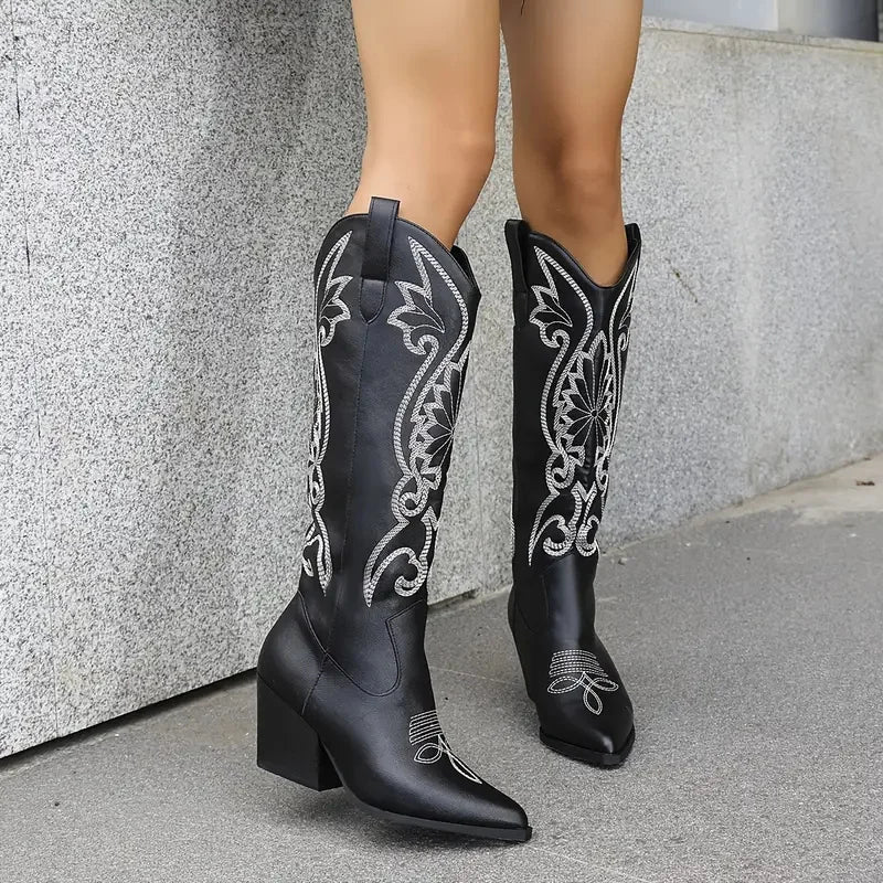 women's pointed toe knee high cowboy boots fashion embroider block chunky high heels western cowgirl boots