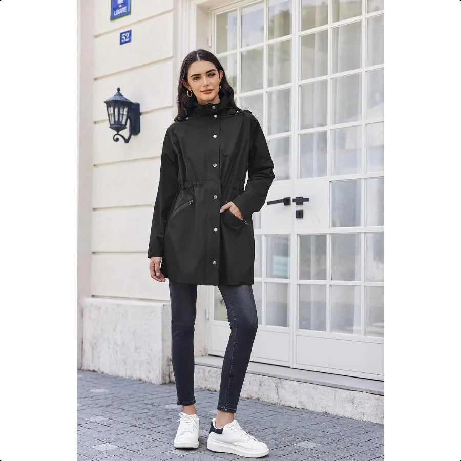 Zeagoo Raincoat Women Waterproof Long Hooded Rain Jacket Trench Coats Windbreaker Travel Jacket