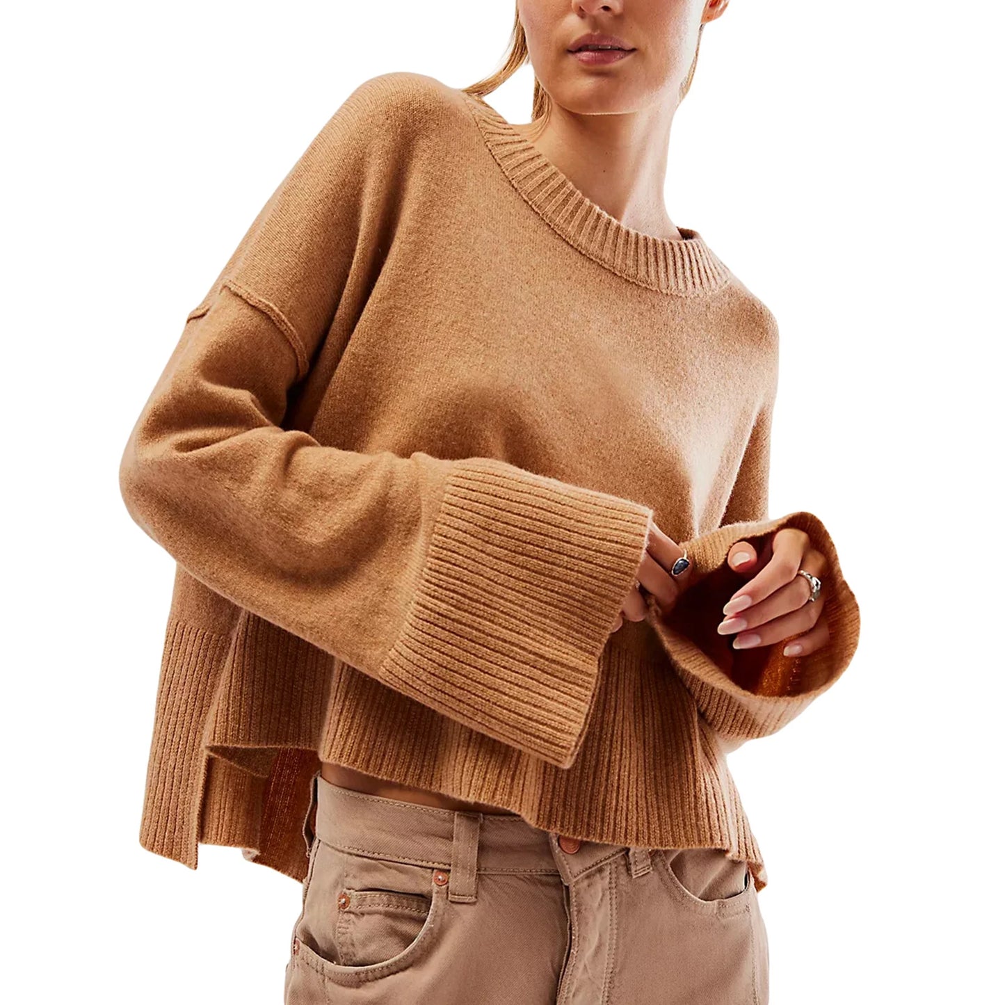 Women s Autumn Winter Knit Sweater Long Flared Sleeve Solid Color Loose Knitwear
