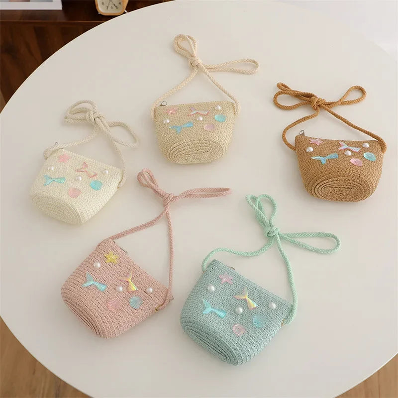 Children's Straw Woven Summer Crossbody Bag Cute Girl Coin Wallet Shoulder Bag Colorful Shells Fish Tail Zero Wallet Kids Gifts