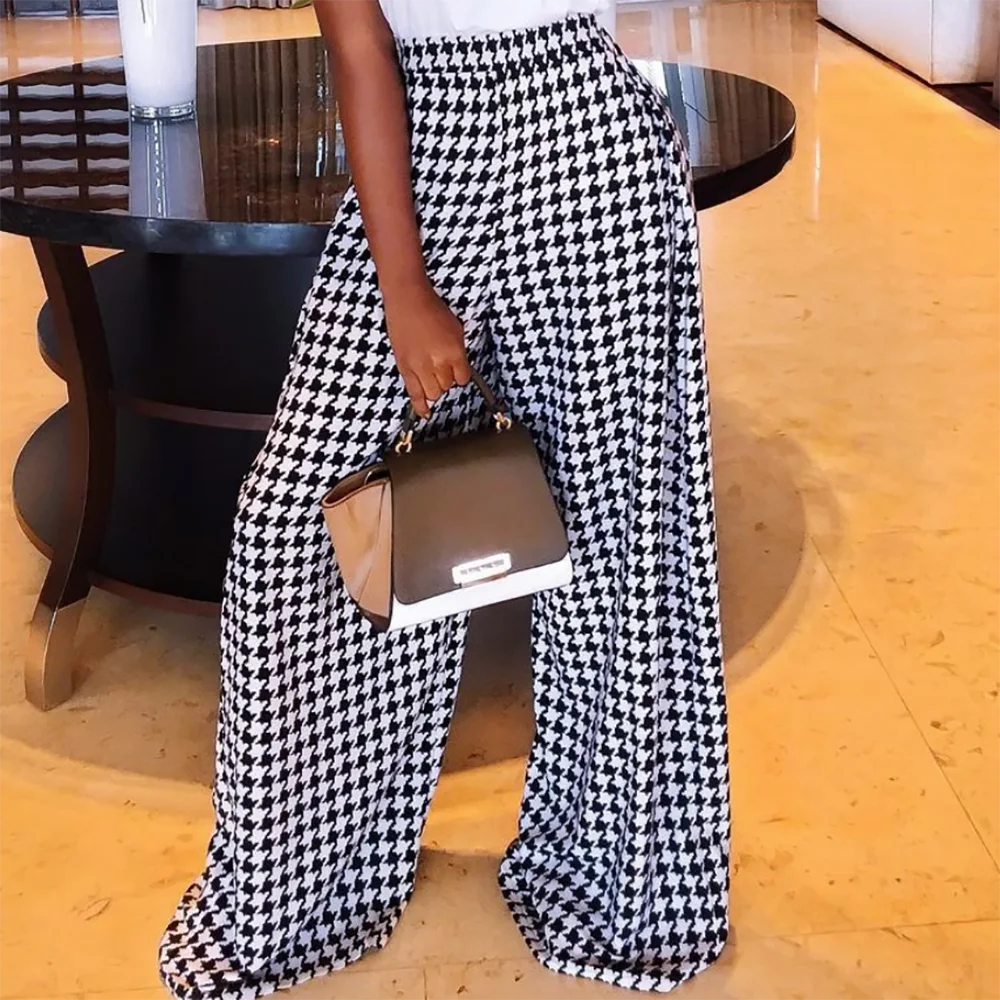 Trendy Clothing Autumn Women's Houndstooths Long Pants High Waisted 2024 Winter Loose Wide Leg Woman Plaid Trousers