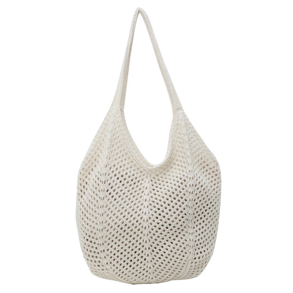 Women Knitting Shoulder Bag Solid Color Hollow Summer Bag Large Capacity Knitted Tote Handbag Ladies Daily Handbag