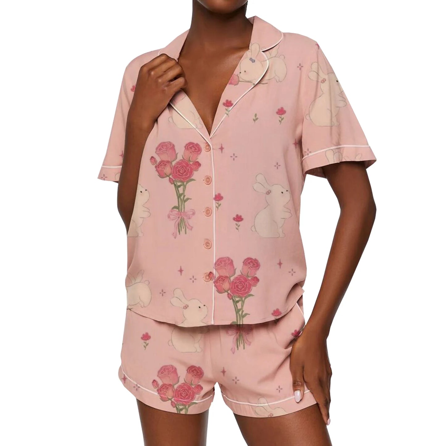 Women’s 2 Piece Pajamas Set Cute Bunny Print Short Sleeve Button Up Shirt Shorts Set Home Clothes