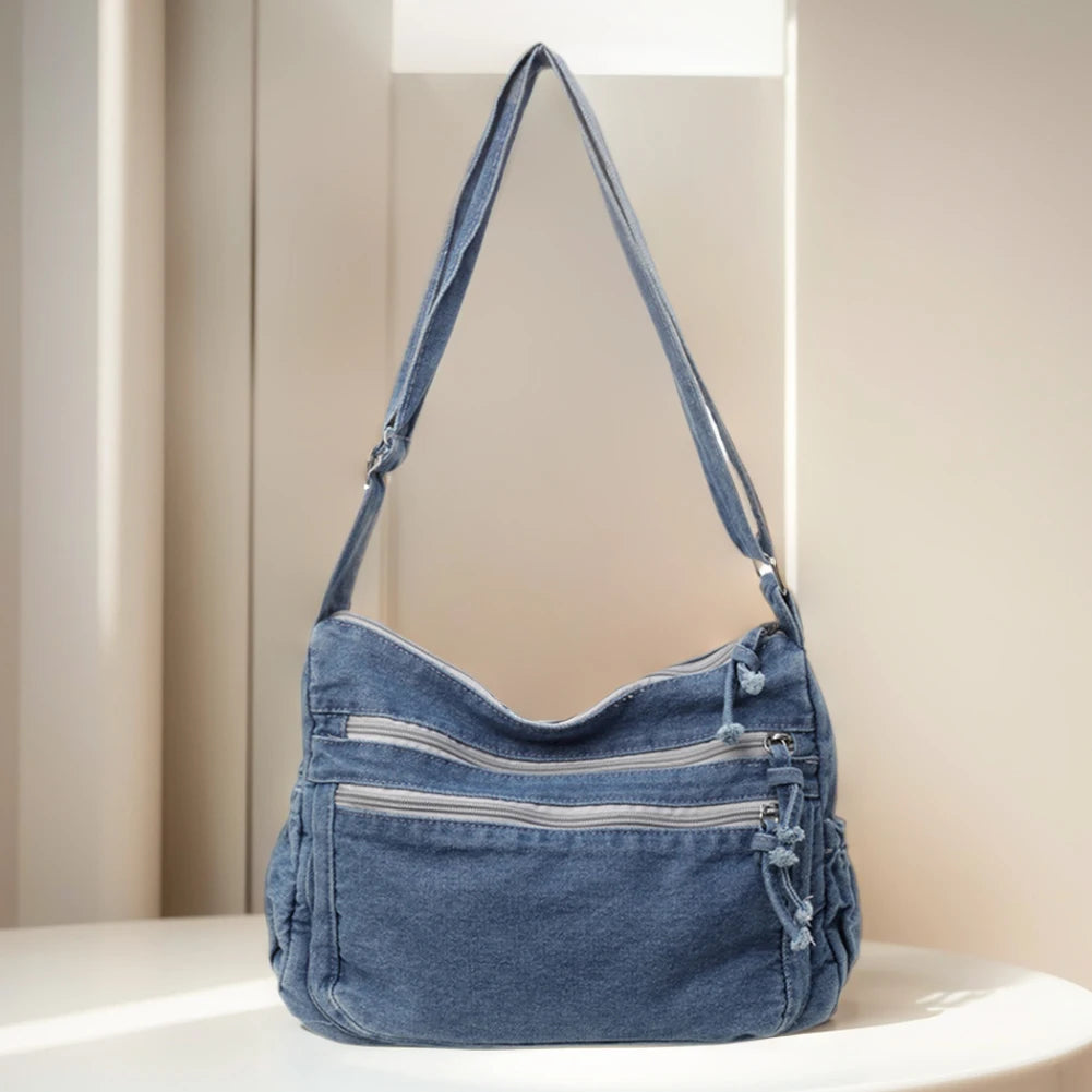 Women Denim Casual Messenger Bag Large Capacity Stylish Crossbody Bag Adjustable Strap Shoulder Tote Bag Outdoor Travel Bag