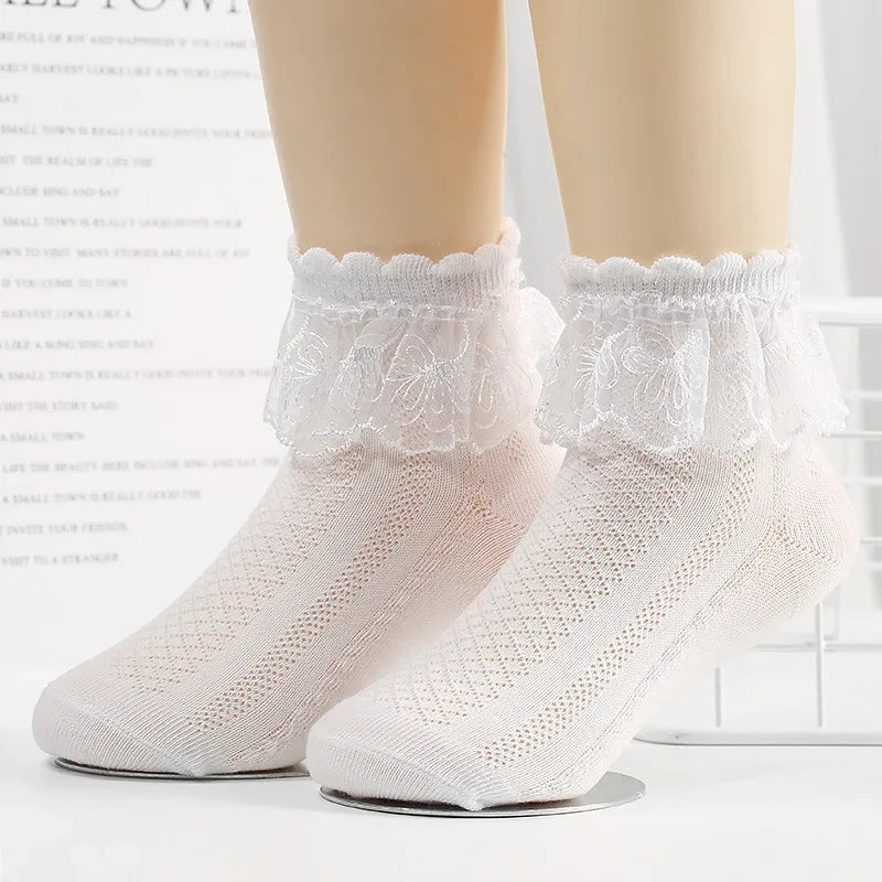 Mesh Socks Breathable Cotton Lace with Ruffle Princess Children Ankle Short Sock White Pink Yellow for Baby Girls Kids Toddler