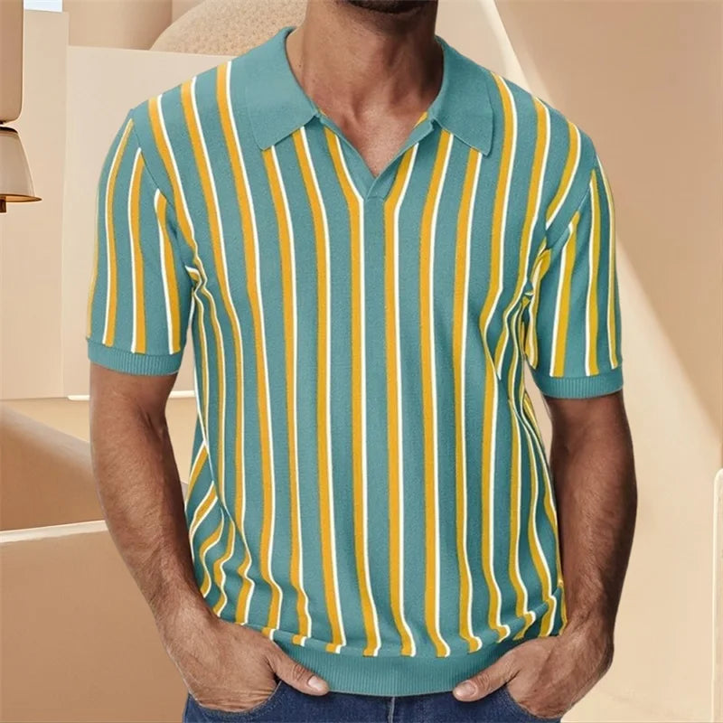 Men s Fit Striped Knit Shirt with Lapel V Neck and Short Sleeves - Stylish Summer Streetwear Top for a Trendy Look