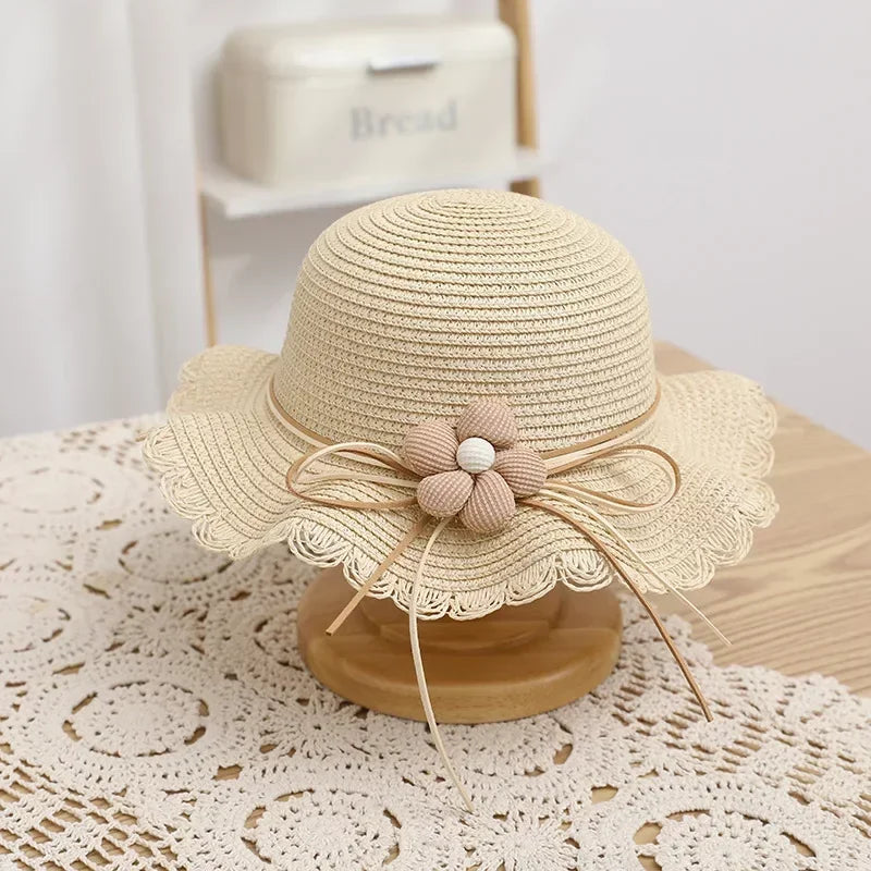 Summer Baby Girl Straw Hat Solid Color Lace Ruffle Kids Fisherman Cap Outdoor Beach Caps Sunshade Wide-brim Bucket Hats
