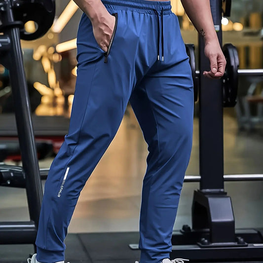 Men's Waist Drawstring Quick-drying High Elasticity Solid Color Sports Training Outdoor Long Pants With Zipper Pockets