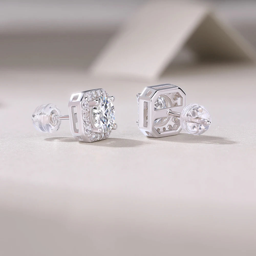 1 Carat Moissanite Earrings Octagon Halo Design 925 Sterling Silver 18K Gold Plated Gift Comes with GRA Certificate
