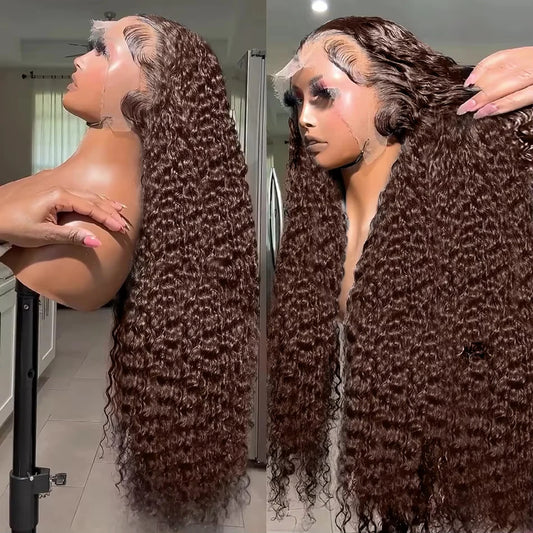 Rosabeauty Chocolate Brown Curly Wigs 13X6 HD Human Hair Lace Frontal Wig 30 32 Inch 13x4 Deep Wave #2 Colored Wig For Women