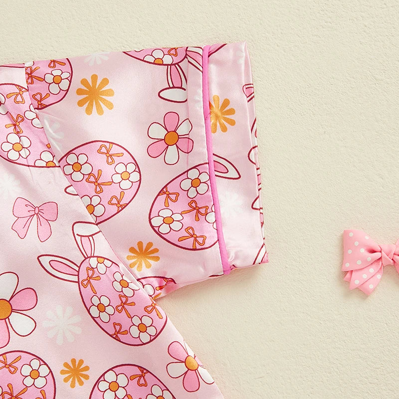 Adorable Toddler Girl Easter Pajamas Set with Egg and Floral Print Short Sleeve Lapel Tops and Elastic Waist Shorts Sleepwear