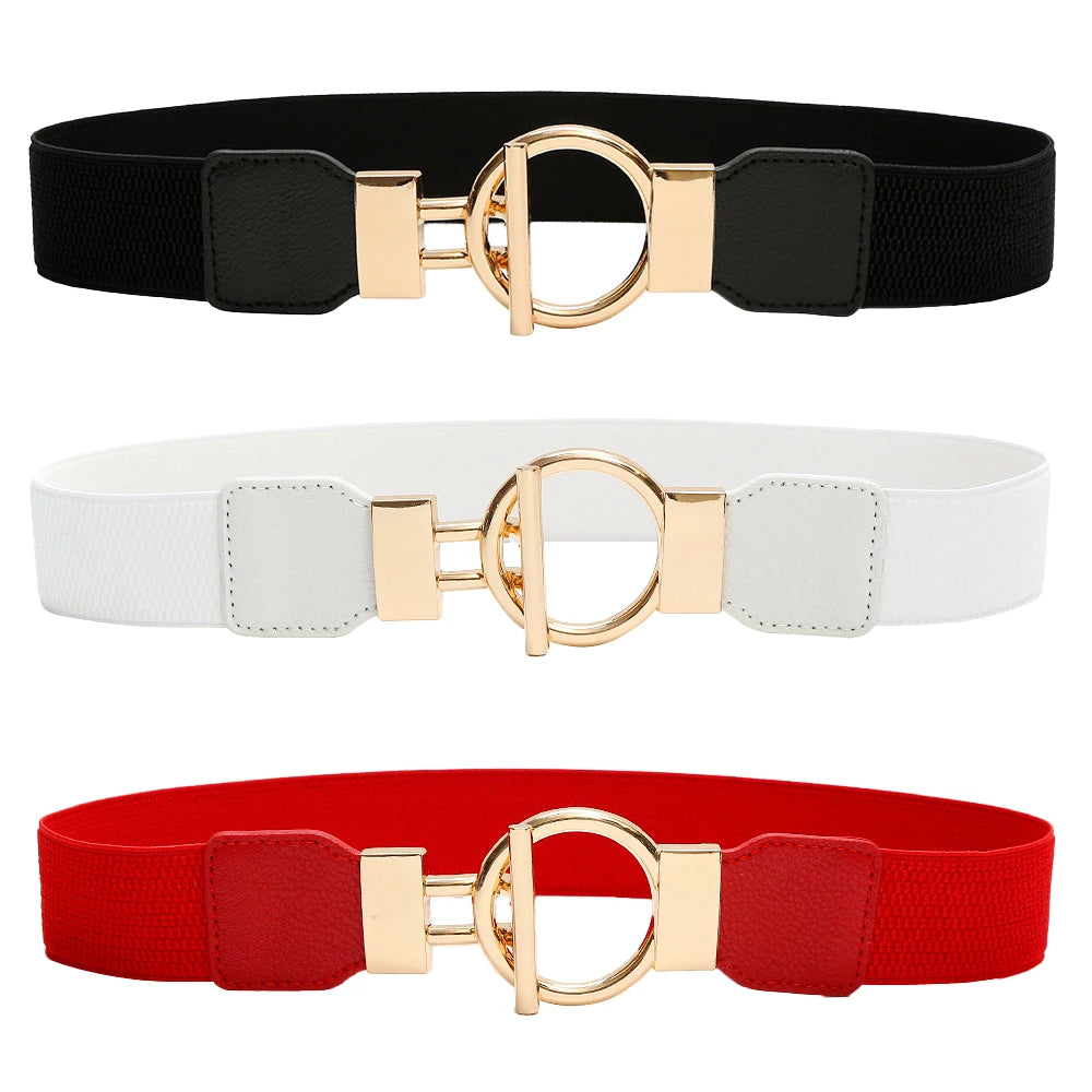 3 Pieces Women Waistbands Fashionable Elastic Cummerbunds with Metal Buckle Red Black Brown Color