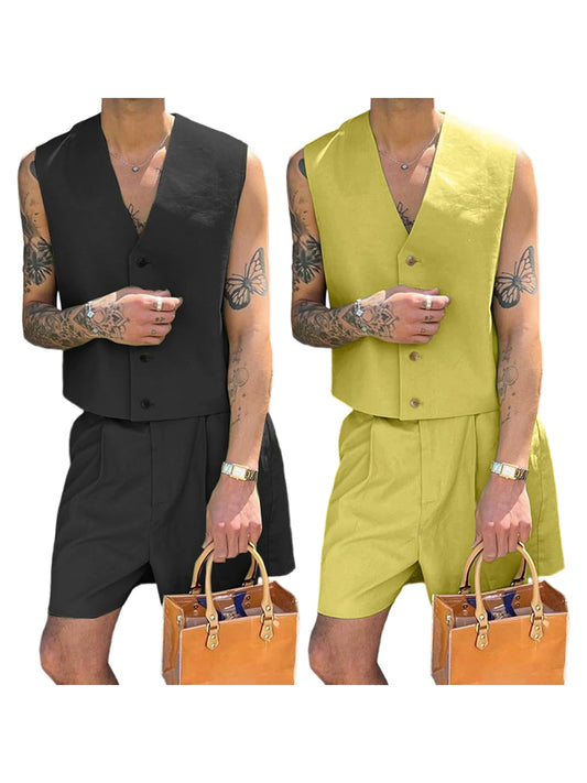 Stylish Men s Summer Ensemble Solid Color V Neck Button Up Vest Top and Wide Leg Shorts 2-Piece Outfit for a Fashionable Look