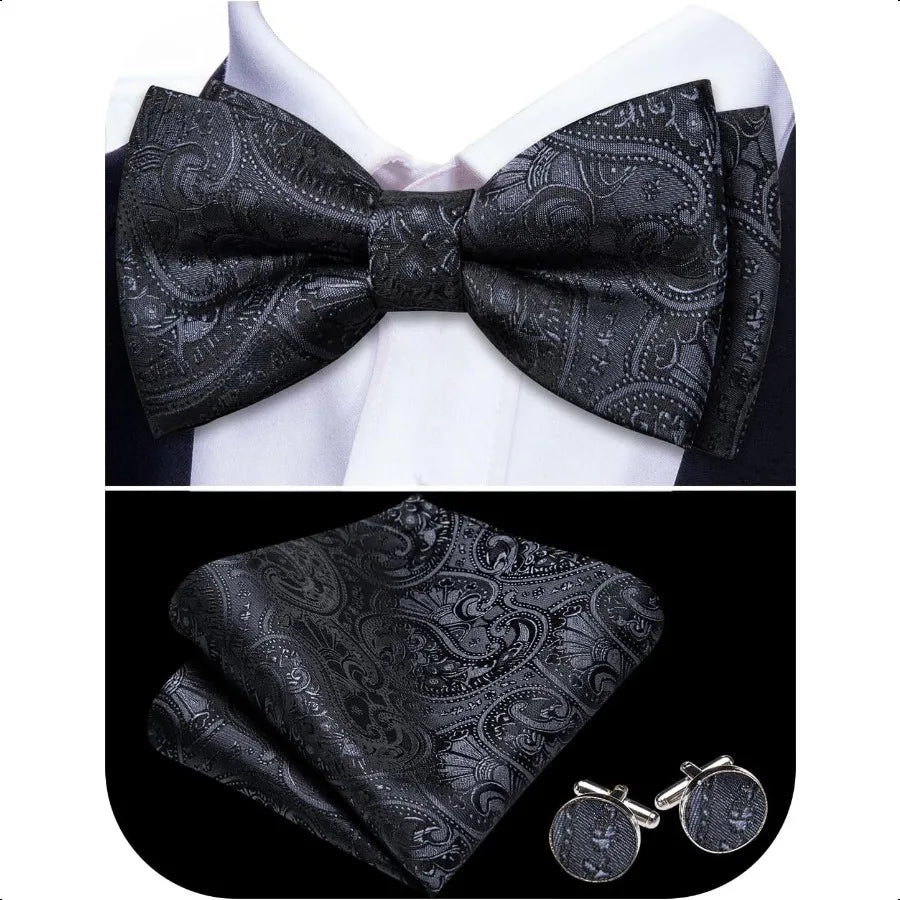 Barry.Wang Paisley Striped Bow Tie for Men Silk PreTied Bowtie Pocket Square Cufflinks Set Formal Wedding Party Prom