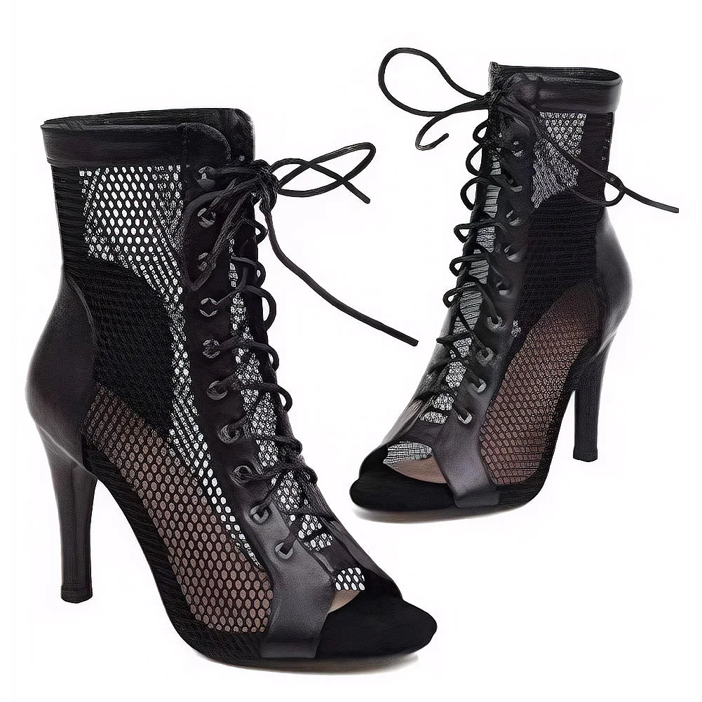 Women High Top Peep Toe Mesh Sandals with High Heel and Adjustable Laces for Summer Party and Dance