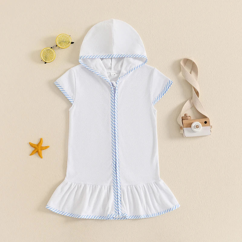 Kids Girl Hooded Beach Coverup Stripe Print Loose Fit Short Sleeve Zipper Bathrobe for Summer