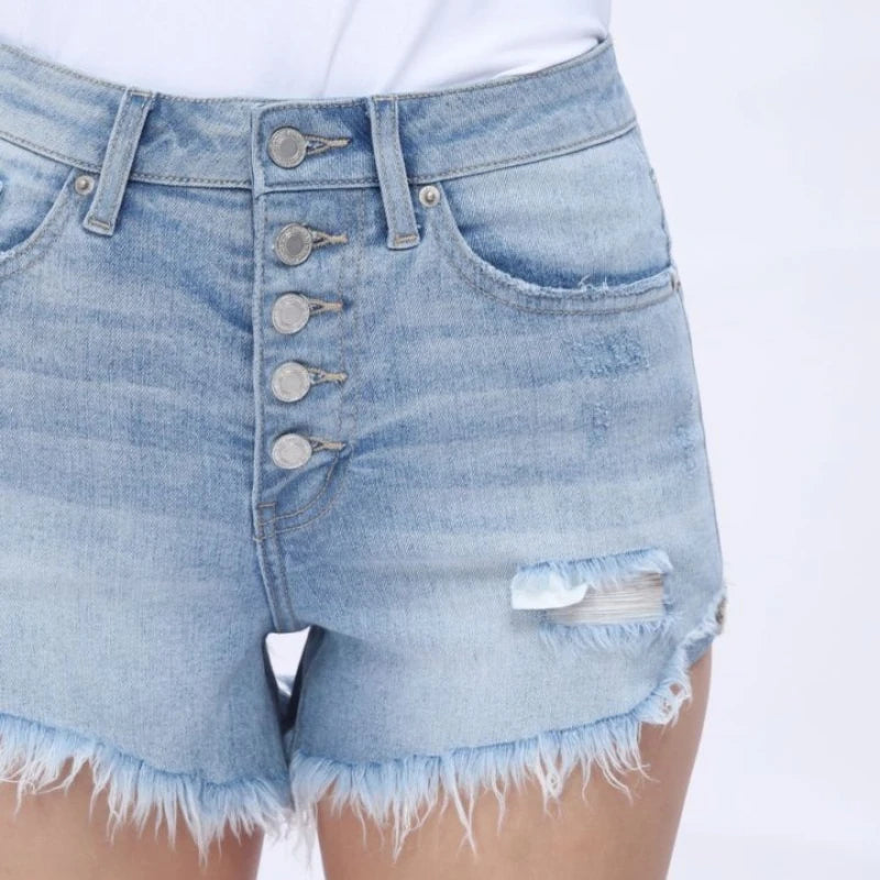 Women High Rise Button Up Denim Shorts Raw Hem Distressed Ripped Light Blue Washed Comfort Fitted Casual Style Chic Bottom