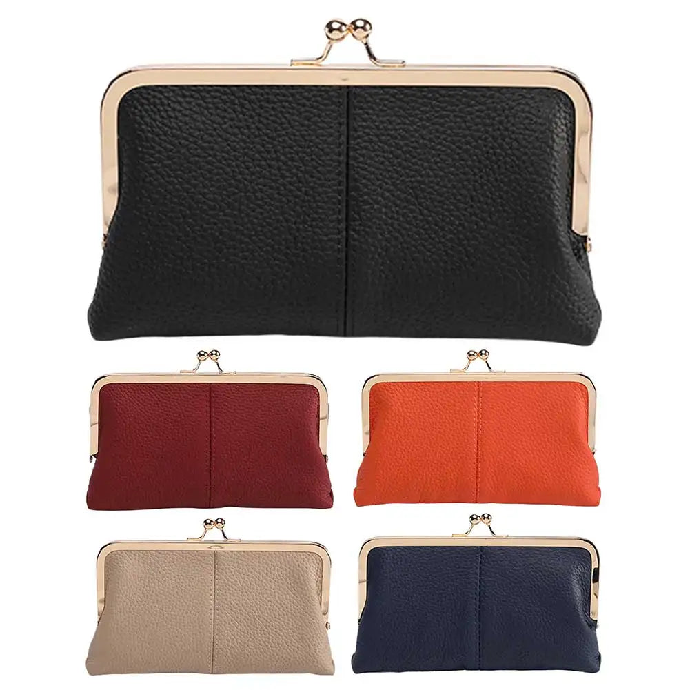 Genuine Leather Vintage Kiss Lock Wallet Large Capacity Long Card Holder Double Clip Travel Wallet Key Card Storage Bag