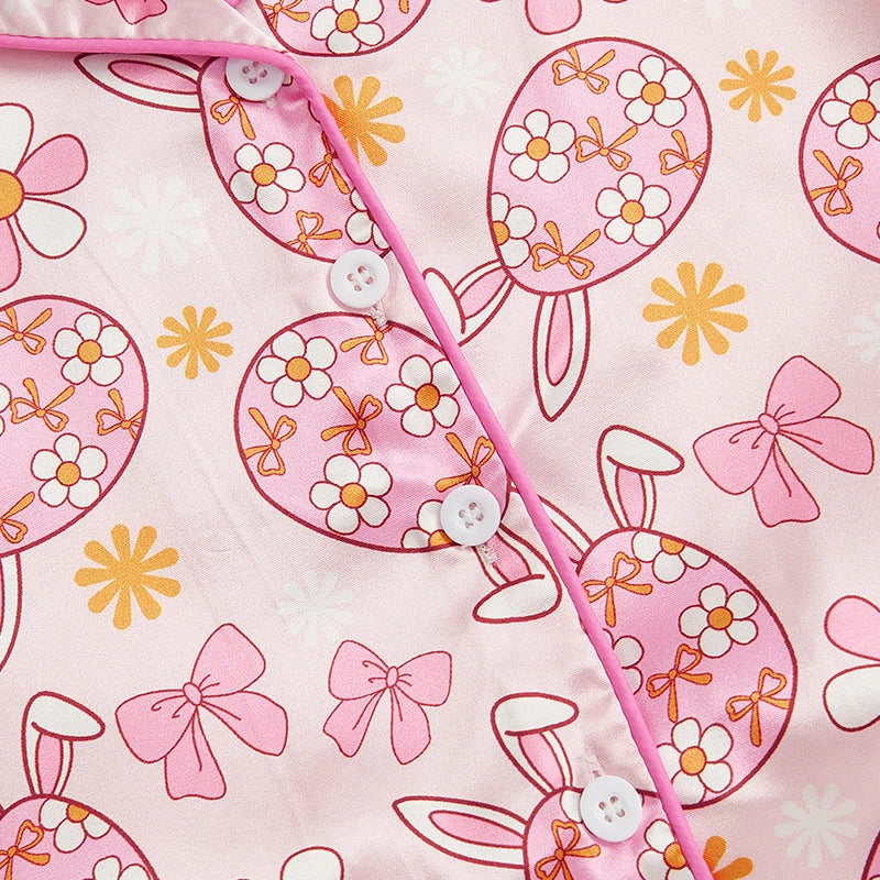 Adorable Toddler Girl Easter Pajamas Set with Egg and Floral Print Short Sleeve Lapel Tops and Elastic Waist Shorts Sleepwear
