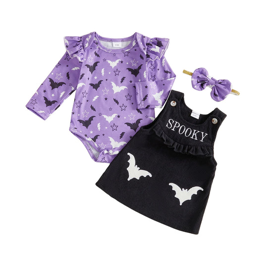 Toddler Boy Halloween Costume Ghost Print Short Sleeve Romper and Suspender Pants Bow Tie Set with Hat and Socks