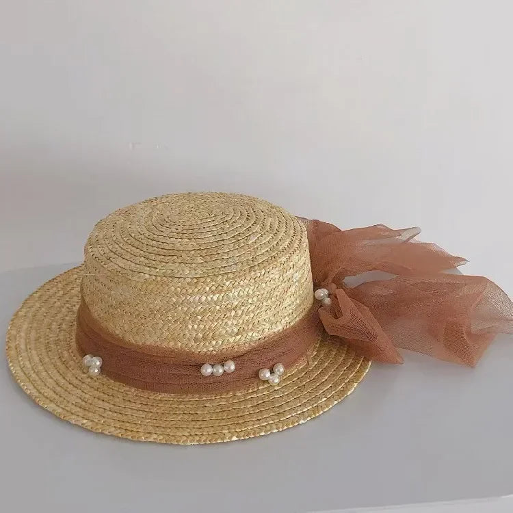 Elegant Fashion Mother Daughter Sunhats Lace Mesh Pearls Hat Cap Outdoor Beach Sunprotection Summer Straw Hat for Adult and Girl