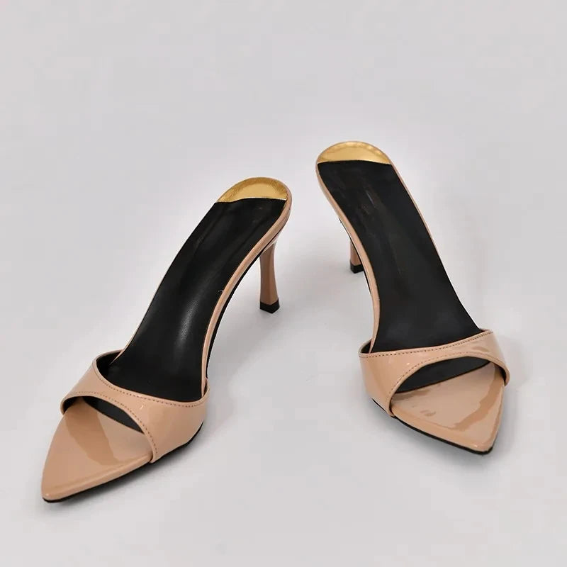 Pointed Stiletto Heels Women Pumps Patent Leather 2025 Summer Designer Mule Sandals Elegant Sexy Office High Heels Women Shoes