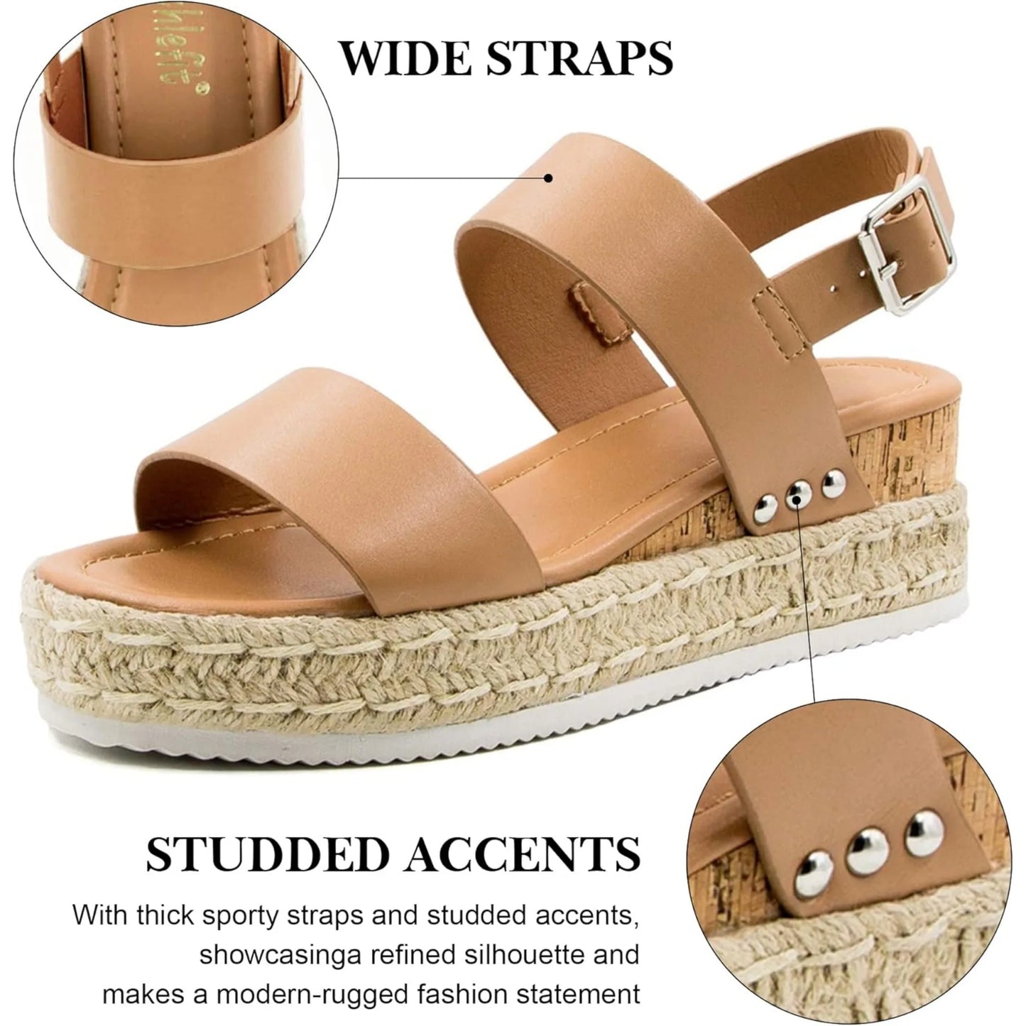 Women's Espadrilles Sandals Ankle Strap Buckle Wedge Sandal Open Toe Studded Platform Sandals