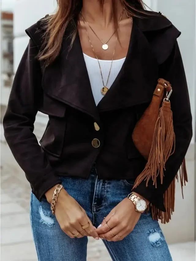Deer Skin Velvet Elegant Jacket Women Turn Down Collar Long Sleeve Slim Coat Solid Buttons Overcoat Punk Jacket Non Suede