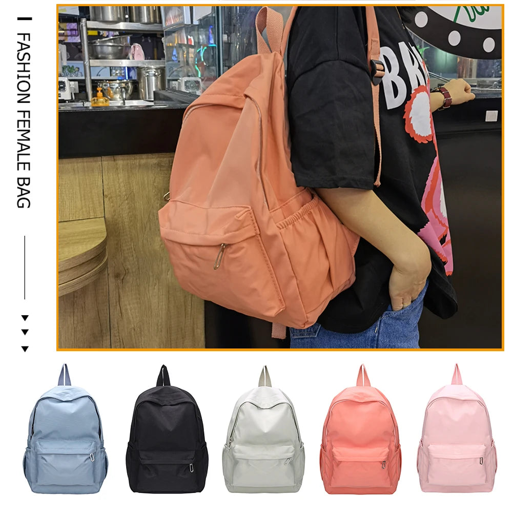 Simple Solid Color Shoulder Backpacks Nylon Large Capacity Travel Knapsacks Girls Student Daily Zipper Schoolbags