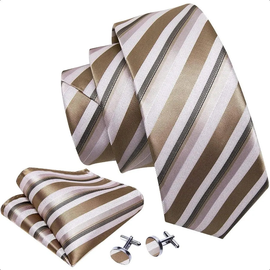 Barry.Wang Man Stripe Ties Set Silk Woven Pocket Square Necktie Cufflinks Formal Party Business