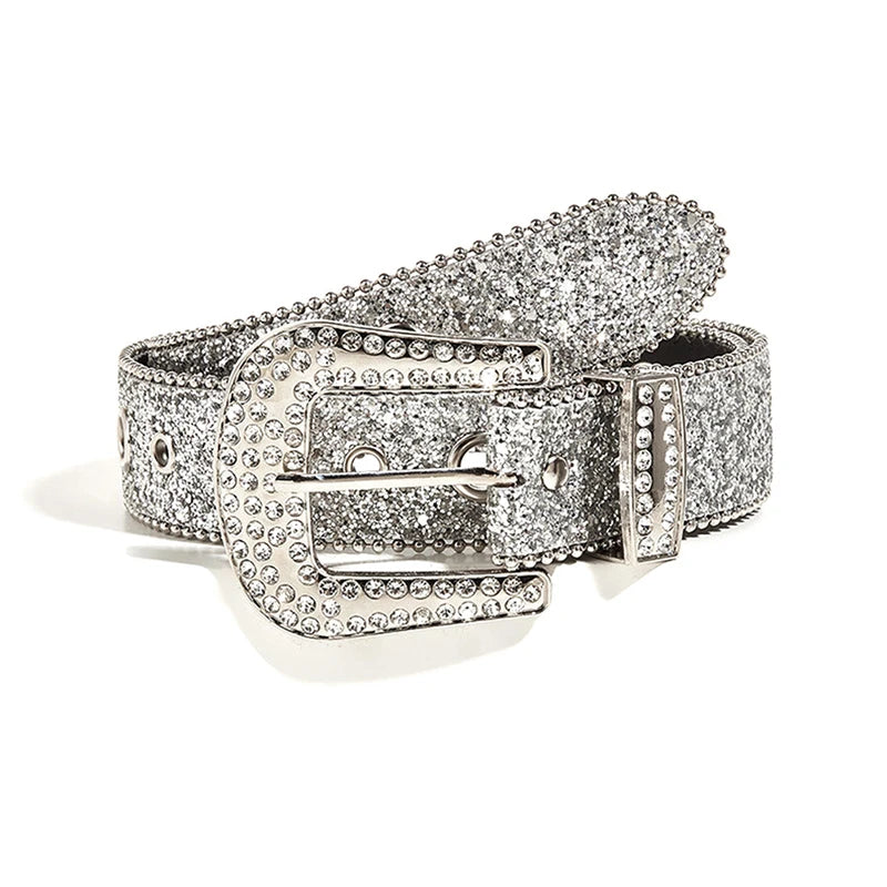 Goth Rhinestone Belts Women PU Leather Strap Bling Diamond Crystal Waist Belts Western Cowboy Y2K Girls Fashion Belt for Jeans