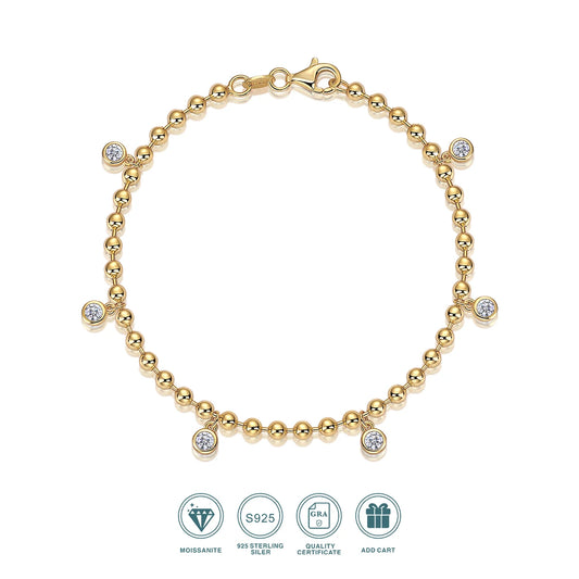 JIUZUAN Moissanite Bracelet Gold Plated Beaded Chain 925 Sterling Silver Fashion Jewelry for Women Comes with GRA Certificate