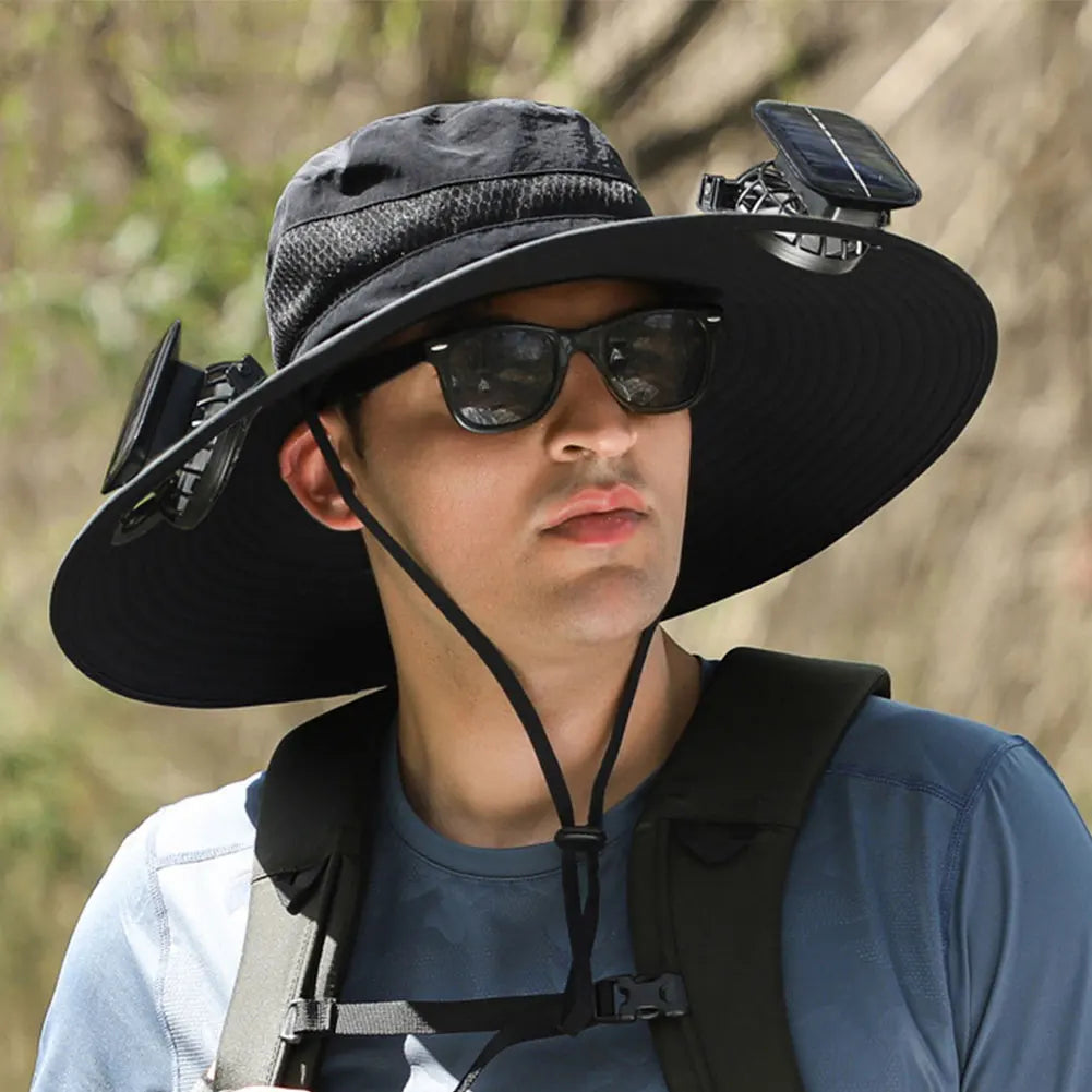 Wide Brim Outdoor Sun Hat with 2 Solar Fan Wide Brim Bucket Hat Fisherman Hat for Men Swim Hat Outdoor Fishing Hat USB Charging