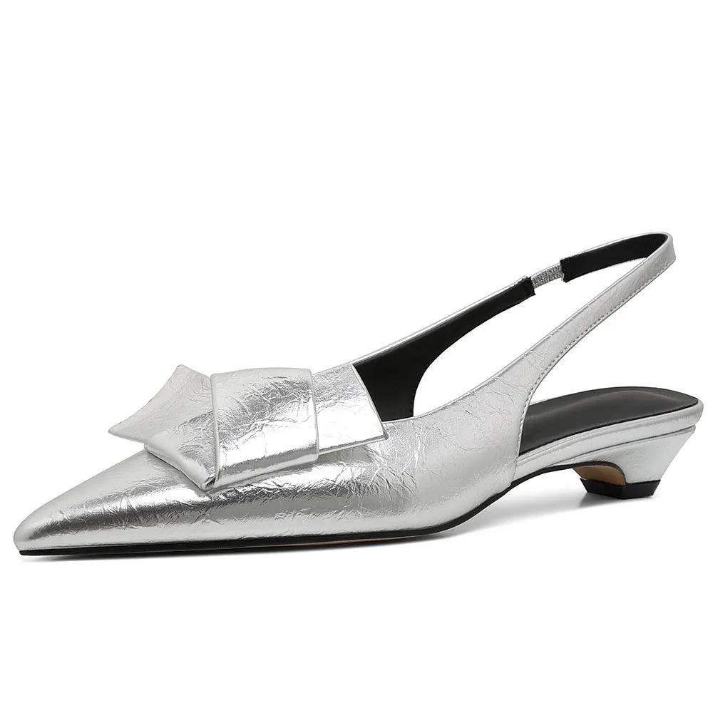 GIGIFOX Kitten Low Heels Bownkot Pointy Toe Leisure Sandals Pleated Slip-on Back Strap Flats Chic Office Ladies Shoes For Woman