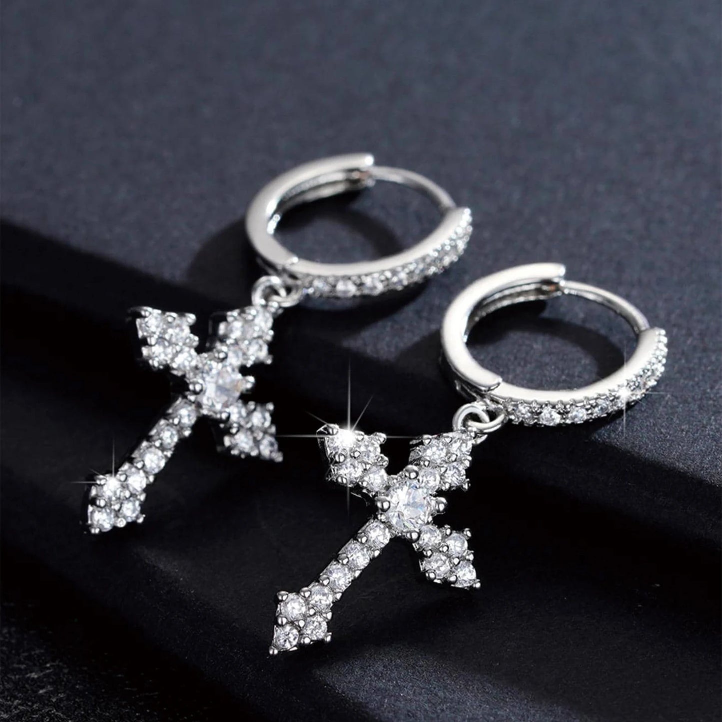 925 Silver, Zirconia Cross Earrings, Men's Earrings, Women's Earrings with Synthetic Zirconia. Perfect for party, holiday, Chris