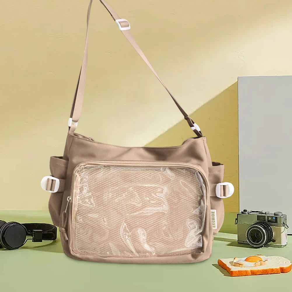 Women Ita Bag Japanese Style Shoulder Purse with Clear Window Teenagers School Bag Multi-pockets Adjustable Strap Chic Hobo Bag