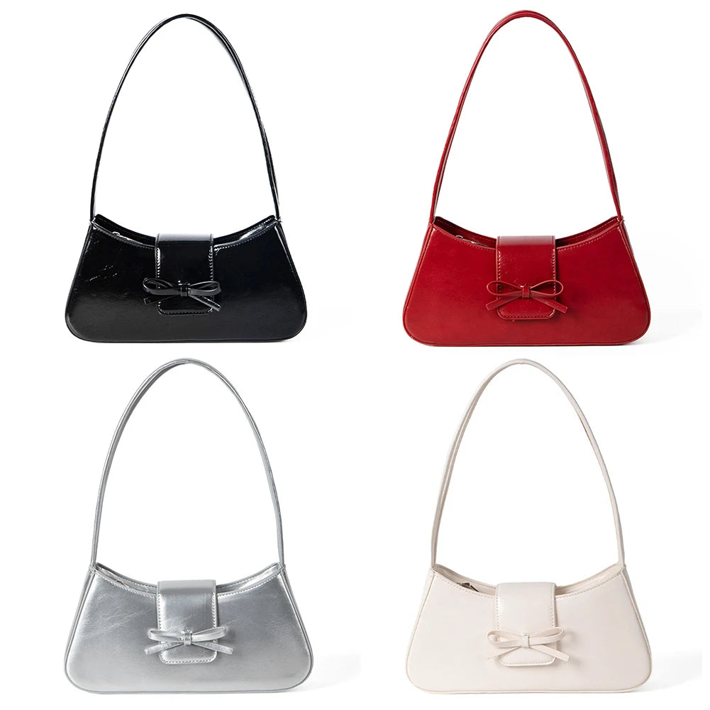 Sweet Bow Fashion Handbag PU Leather Everyday Purse with Zipper Closure Clutch Purse Trendy Underarm Bag for Women and Girls