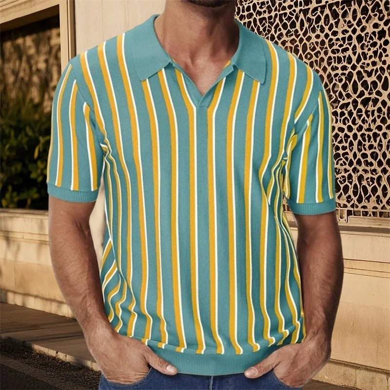 Men s Fit Striped Knit Shirt with Lapel V Neck and Short Sleeves - Stylish Summer Streetwear Top for a Trendy Look