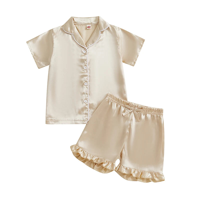 Infant Girl s Cute Summer Pajama Set with Button Down Lapel V Neck Top and Ruffled Shorts for Comfortable Lounge Wear - 2 Piece