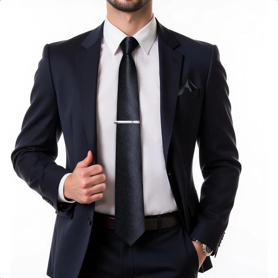DiBanGu Mens Silk Necktie Solid Color Tie and Pocket Square Cufflink Tie Clip Set Woven Plain Ties for Men Wedding Party