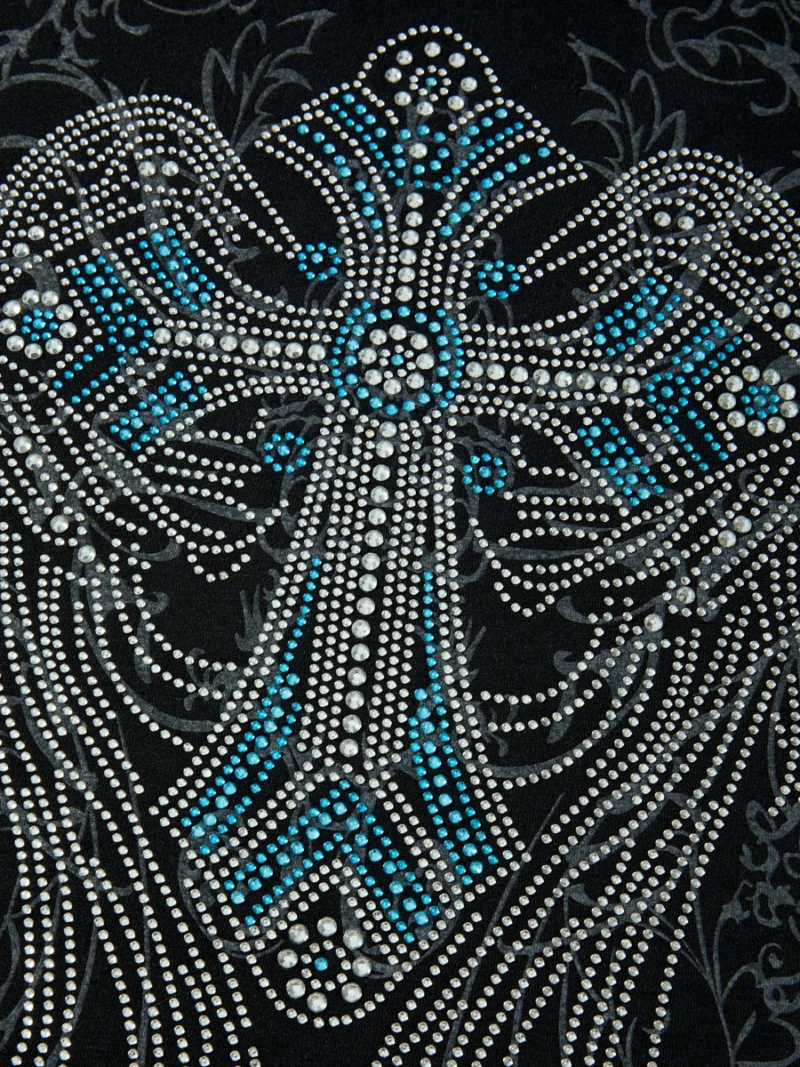 Women’s Blouse Round Neck Long Sleeve Cross Rhinestone Pattern Tops Clubwear for Spring Summer